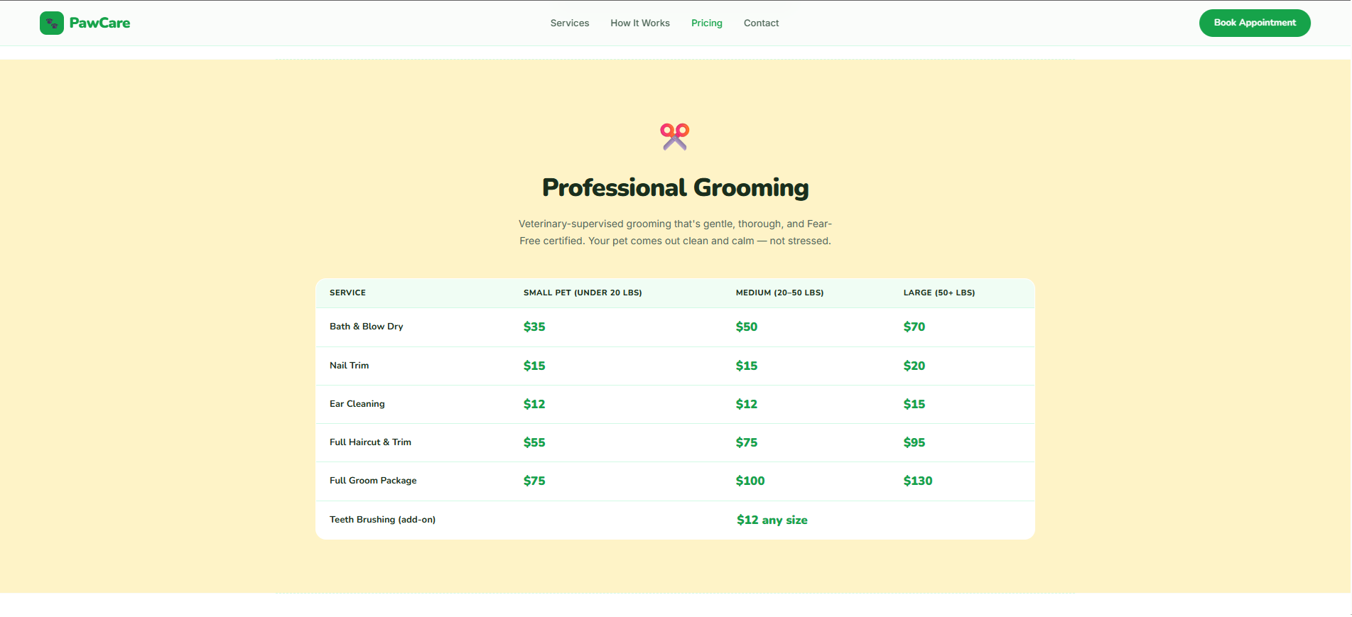 Professional Grooming Pricing